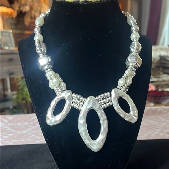 Silver Statement Necklace with Oval Pendants - Picture 1 of 5